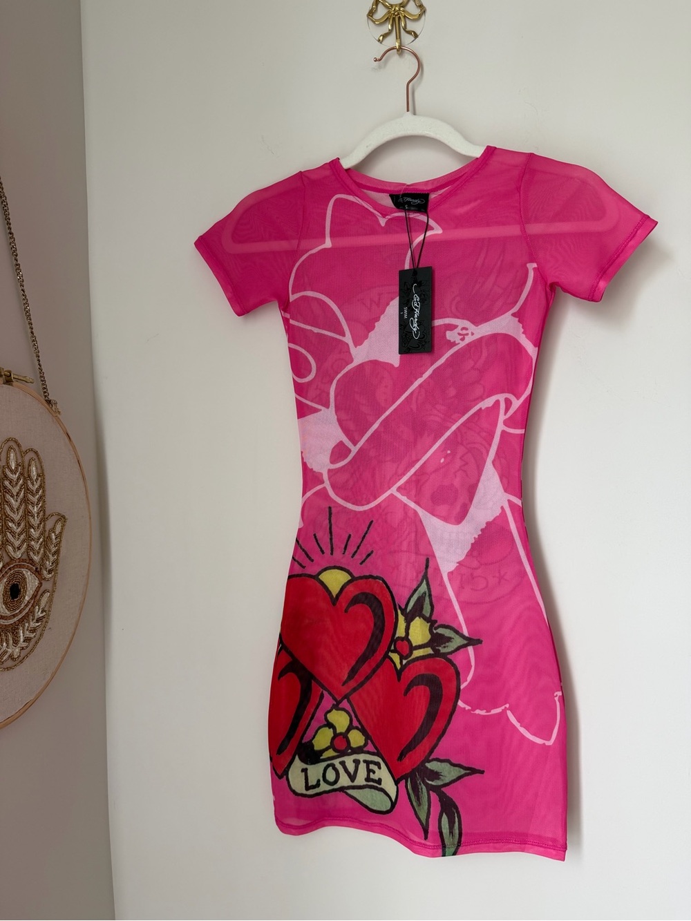 Ed Hardy Pink Heart Graphic mesh mini dress Swim Coverup